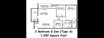 A floor plan of a 2 Bedroom and Den apartment.