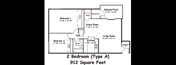 A drawing of a 2 Bedroom (Type A) house plan with a total area of 912 Square Feet.