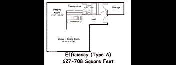 A floor plan for an Efficiency (Type A) room, which is 627-708 square feet.