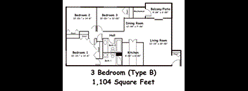 A floor plan of a 3 bedroom apartment with a living room, dining room, kitchen and bathrooms.