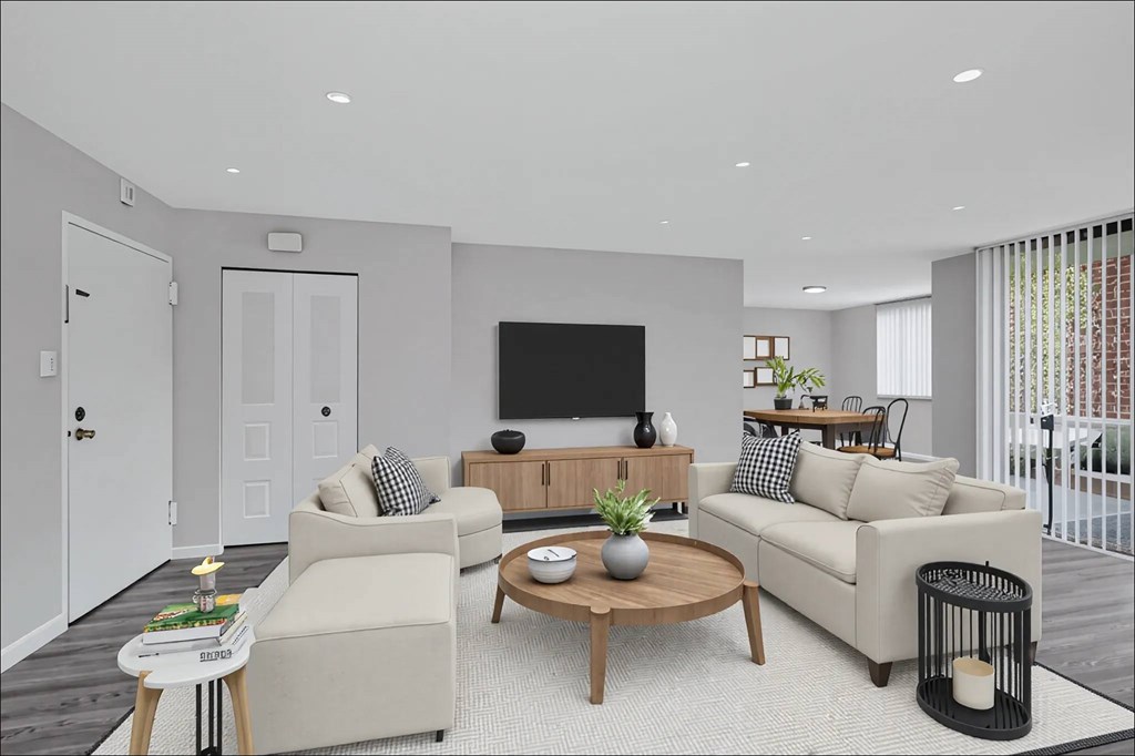 Virtually staged living and dining area.