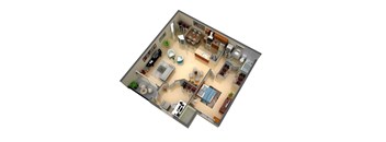 A 3D floor plan of a house with a kitchen, living room, dining room, and bedrooms.