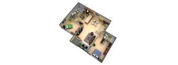 A 3D image of a dollhouse with various rooms and furniture.