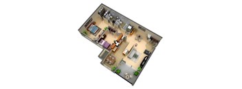 A 3D floor plan of a house with a kitchen, living room, dining room, and bathroom.