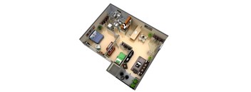 A 3D image of a small apartment with a bedroom, living room, kitchen, and bathroom.