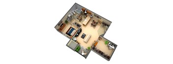 A 3D floor plan of a house with a kitchen, living room, dining room, and a small garden.