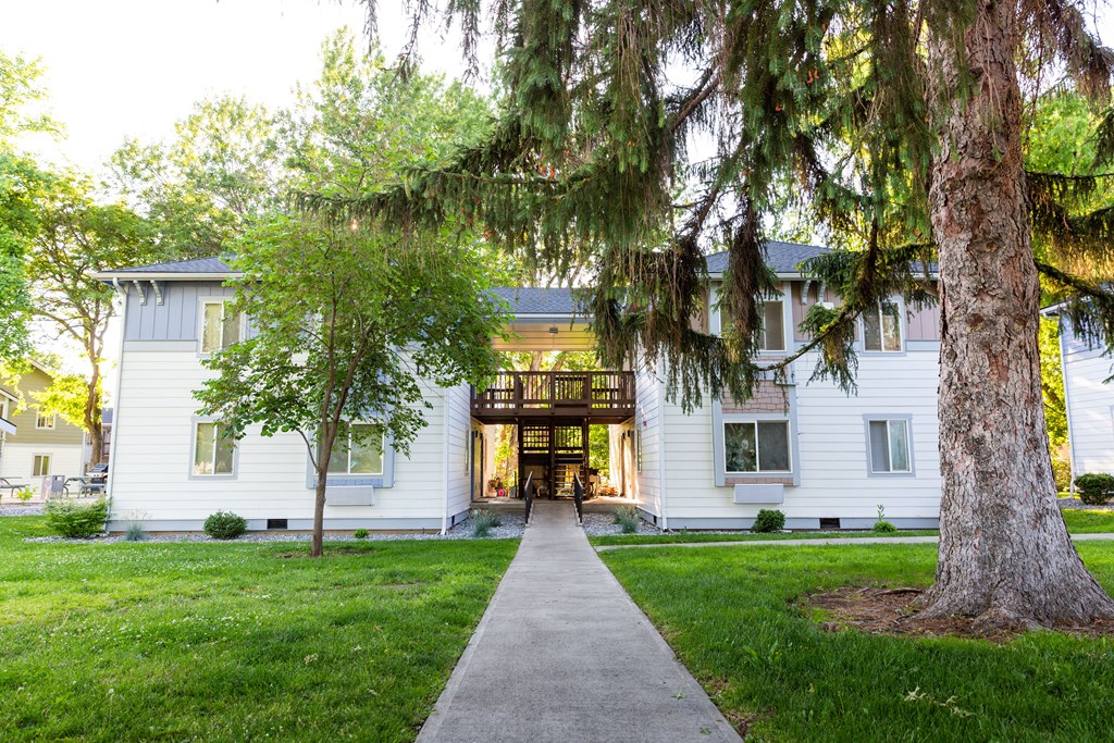 the front of a white house with trees and a sidewalk
