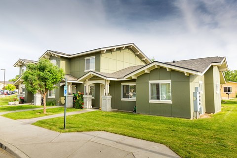 a green house with a lawn and a sidewalk