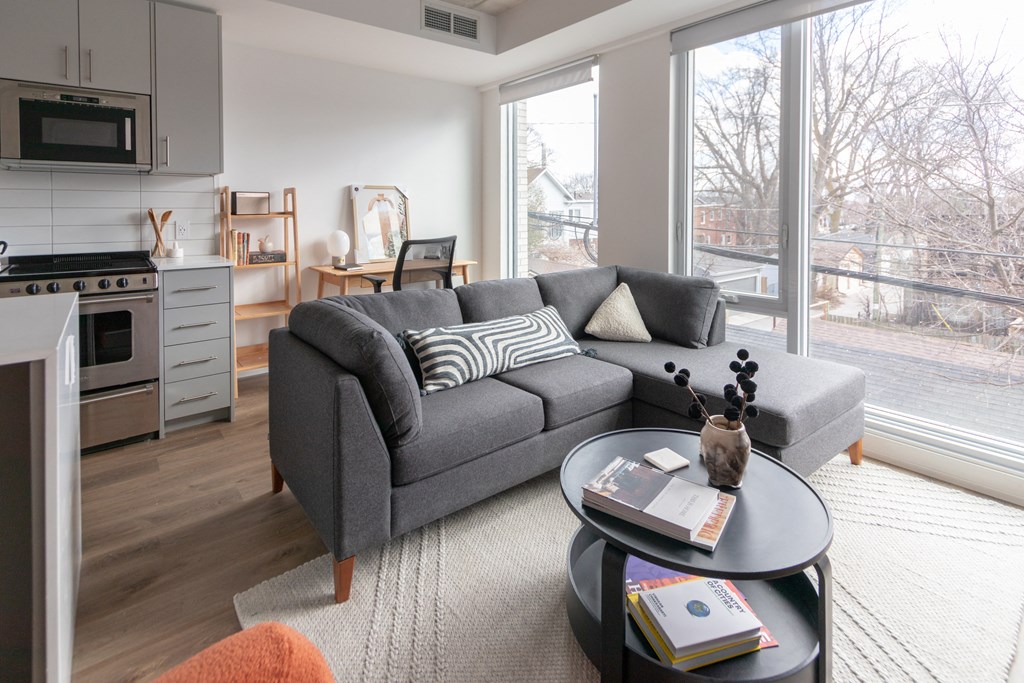 a living room with a gray couch and a coffee table