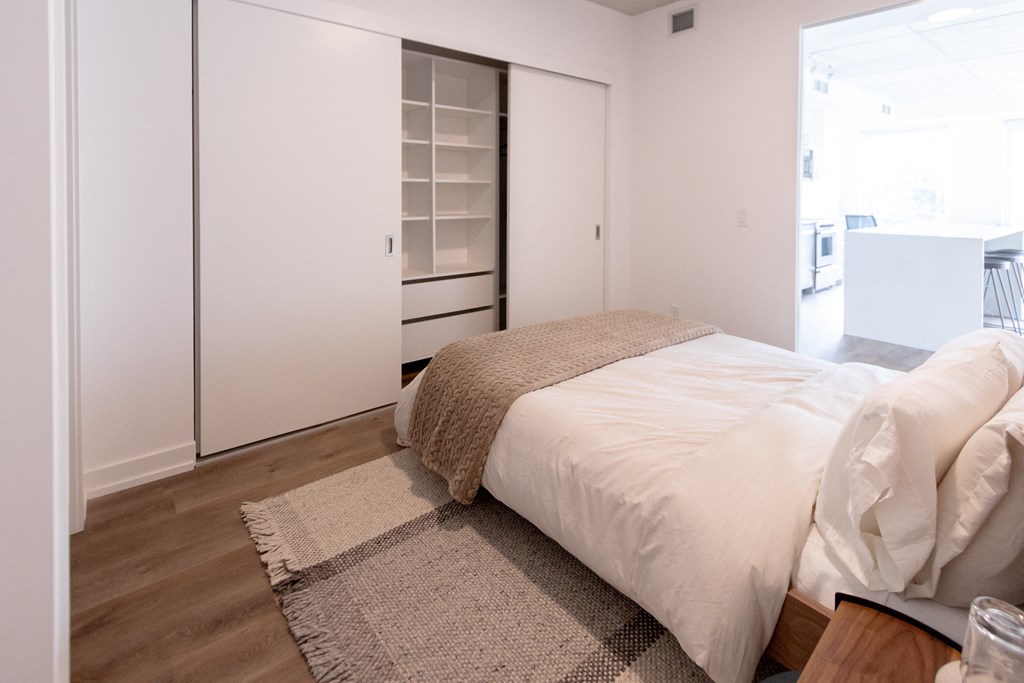 a bedroom with a large bed and a closet