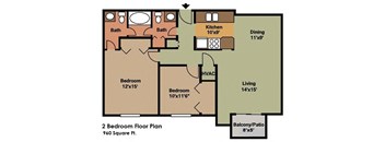 a floor plan of a 2 bedroom floor plan with a kitchen and a bathroom