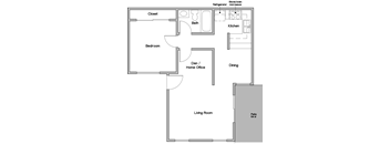 A floor plan of a house with a living room, dining area, kitchen, bathroom, bedroom, closet, den/home office, and patio.