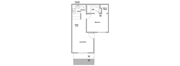 A floor plan of a small apartment with a living room, dining area, kitchen, bathroom, bedroom, and a patio.