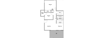 A floor plan of a house with two bedrooms, a living room, a dining area, a kitchen, a bath, and a walk-in closet.
