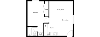 A floor plan of a small apartment with a bedroom, living room, dining area and kitchen.