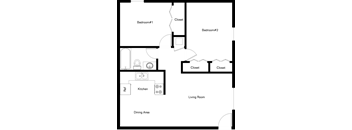 A floor plan of a house with two bedrooms, a living room, a dining area, a kitchen, a ref, and closets.