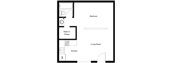 A floor plan of a small apartment with a bedroom, living room, kitchen, and a walk-in closet.