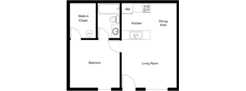 A floor plan of a house with a bedroom, living room, kitchen, dining area and a walk-in closet.