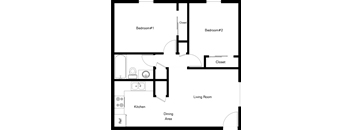 A black and white image of a floor plan for a home with two bedrooms, a living room, a kitchen, a dining area, and a reference wall.