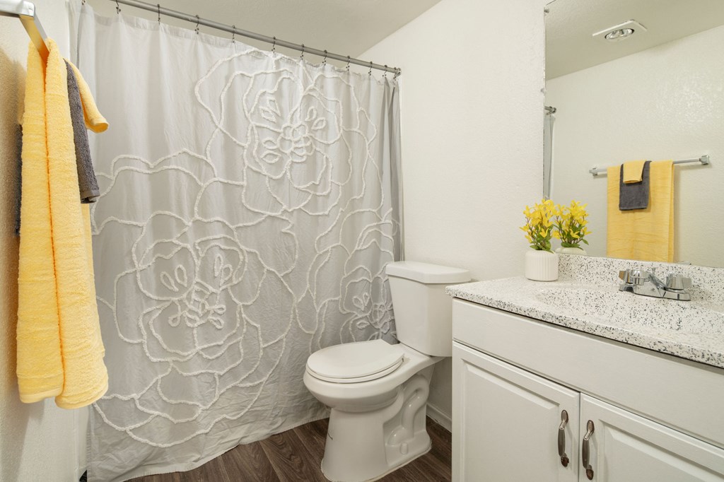 A bathroom with a white toilet, a white sink, and a shower curtain with a flower design.