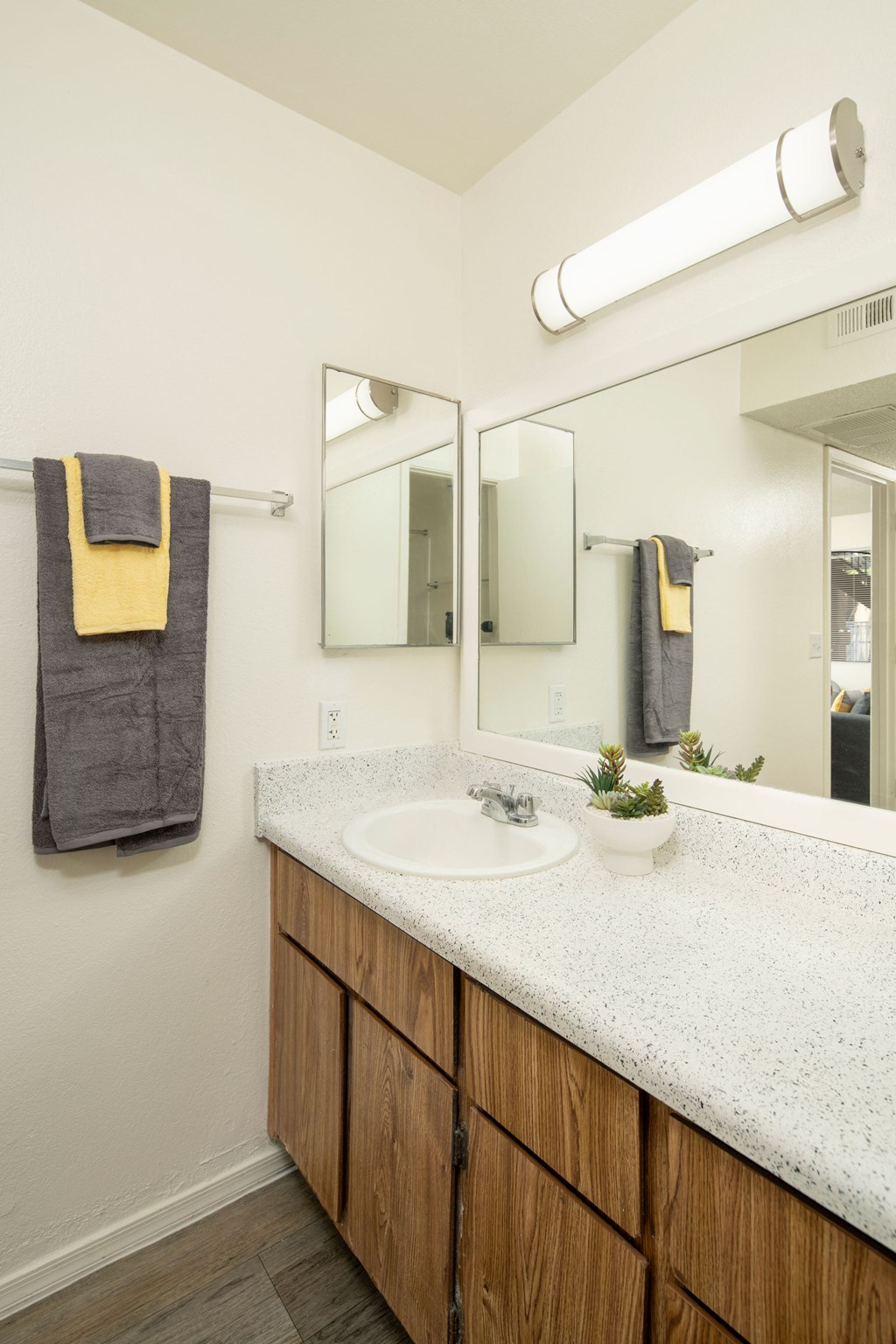 A bathroom with a white sink and a mirror.