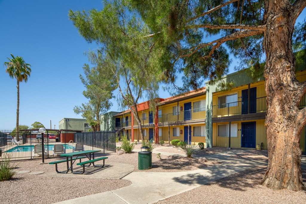 A tree stands in front of a yellow building.