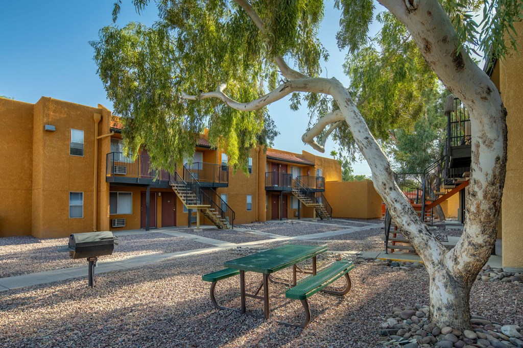 A tree with a green bench under it and a building in the background.