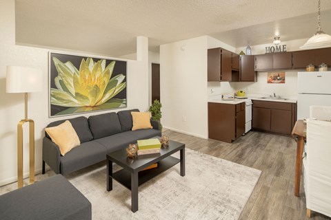A living room with a grey couch and a coffee table.