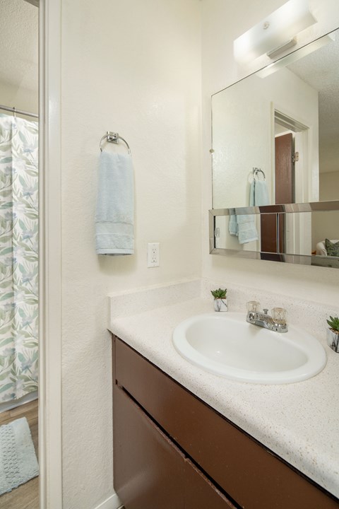 A bathroom with a sink, mirror, and towel.