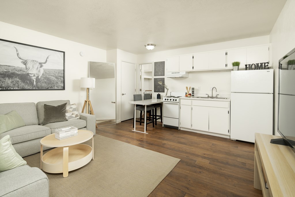A living room with a couch, a coffee table, and a kitchen area in the background.