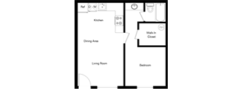 A floor plan of a house with a kitchen, dining area, living room, bedroom and walk-in closet.