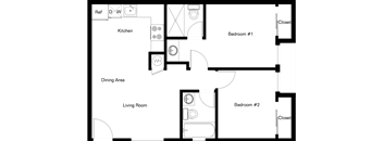 A floor plan of a home with a kitchen, dining area, living room, and two bedrooms.