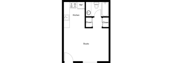 A floor plan of a kitchen and studio apartment.