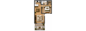 A top-down view of a living space with a couch, chairs, and a coffee table.