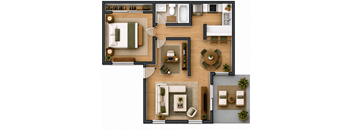 A top-down view of a modern apartment layout with a kitchen, living room, dining area, and bathroom.
