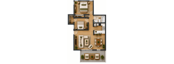 A floor plan of a house with a living room, dining room, kitchen, and two bedrooms.