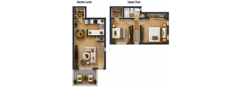 A floor plan shows a garden level and an upper floor with labeled rooms.