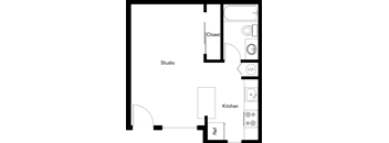 A floor plan of a studio apartment with a kitchen and a closet.