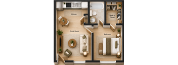A floor plan of a house showing a kitchen, great room, bedroom, and walk-in closet.