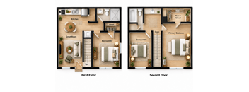 A floor plan of a two-story home with labeled rooms.