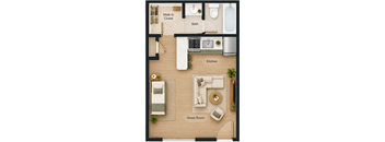 A floor plan of a small apartment with a kitchen, bathroom, and living room.