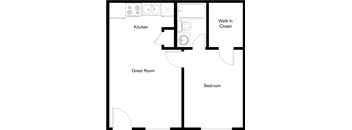 A floor plan of a house with a kitchen, great room, bedroom, and walk-in closet.