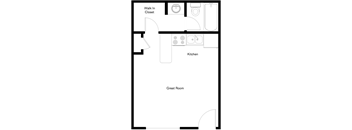 A floor plan of a house with a walk in closet, kitchen, and great room.