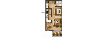A diagram of a house layout with labeled rooms such as kitchen, dining area, and bathroom.