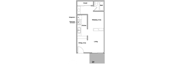 A floor plan of a small apartment with a sleeping area, kitchen, dining area, and a patio.
