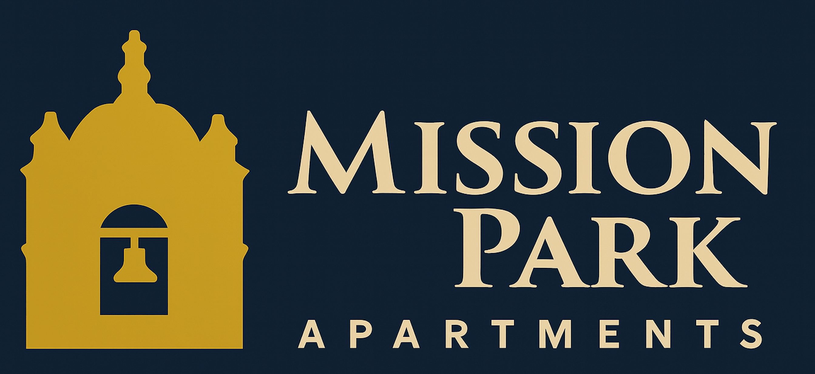 The image is a logo for Mission Park Apartments, featuring a building icon and the name of the apartments.