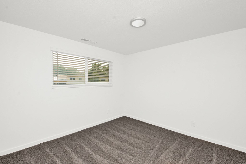 an empty room with carpet and a window