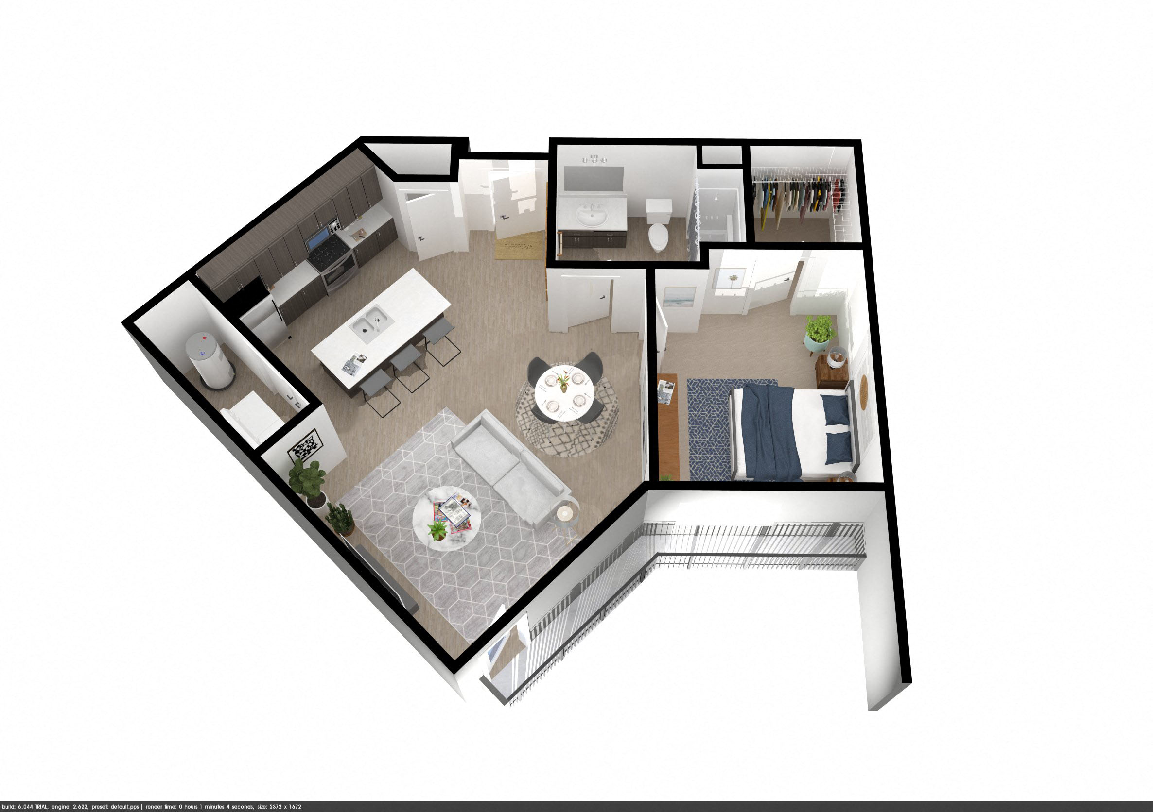 3d floor plan of a home with bedrooms and a living room