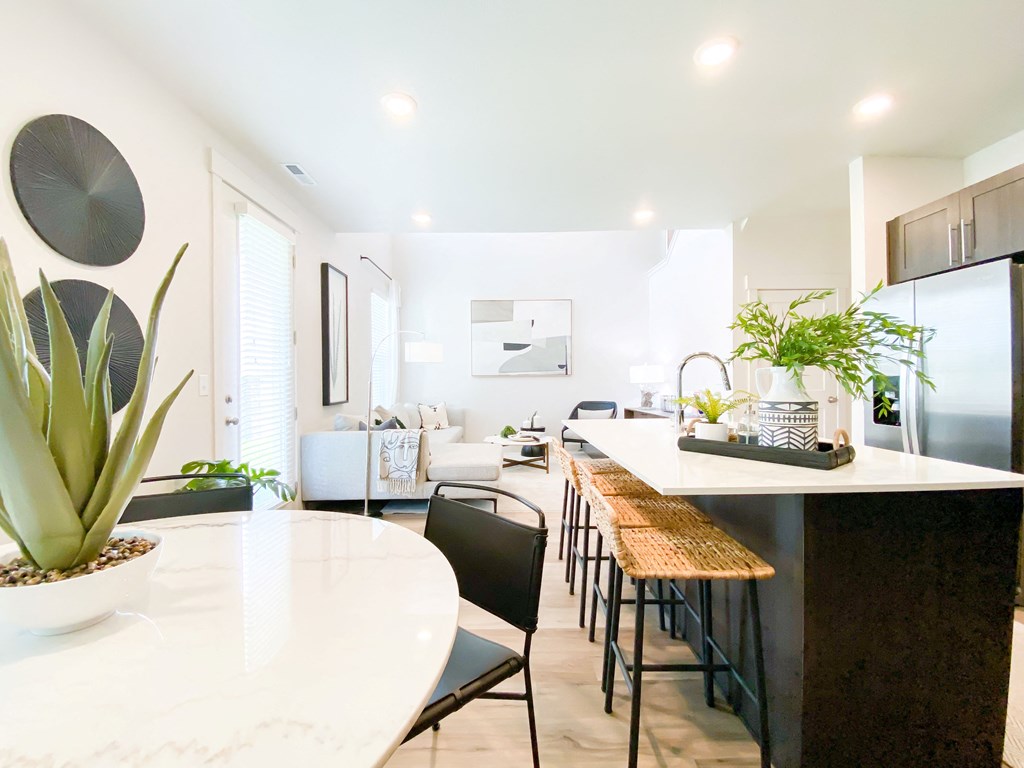 great room view with high ceilings and LED recessed lighting