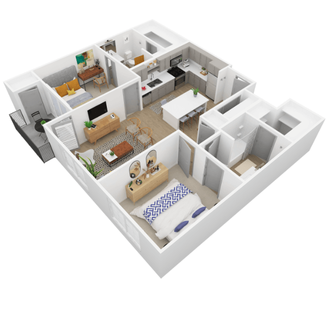 A 3D floor plan of a house with multiple rooms.